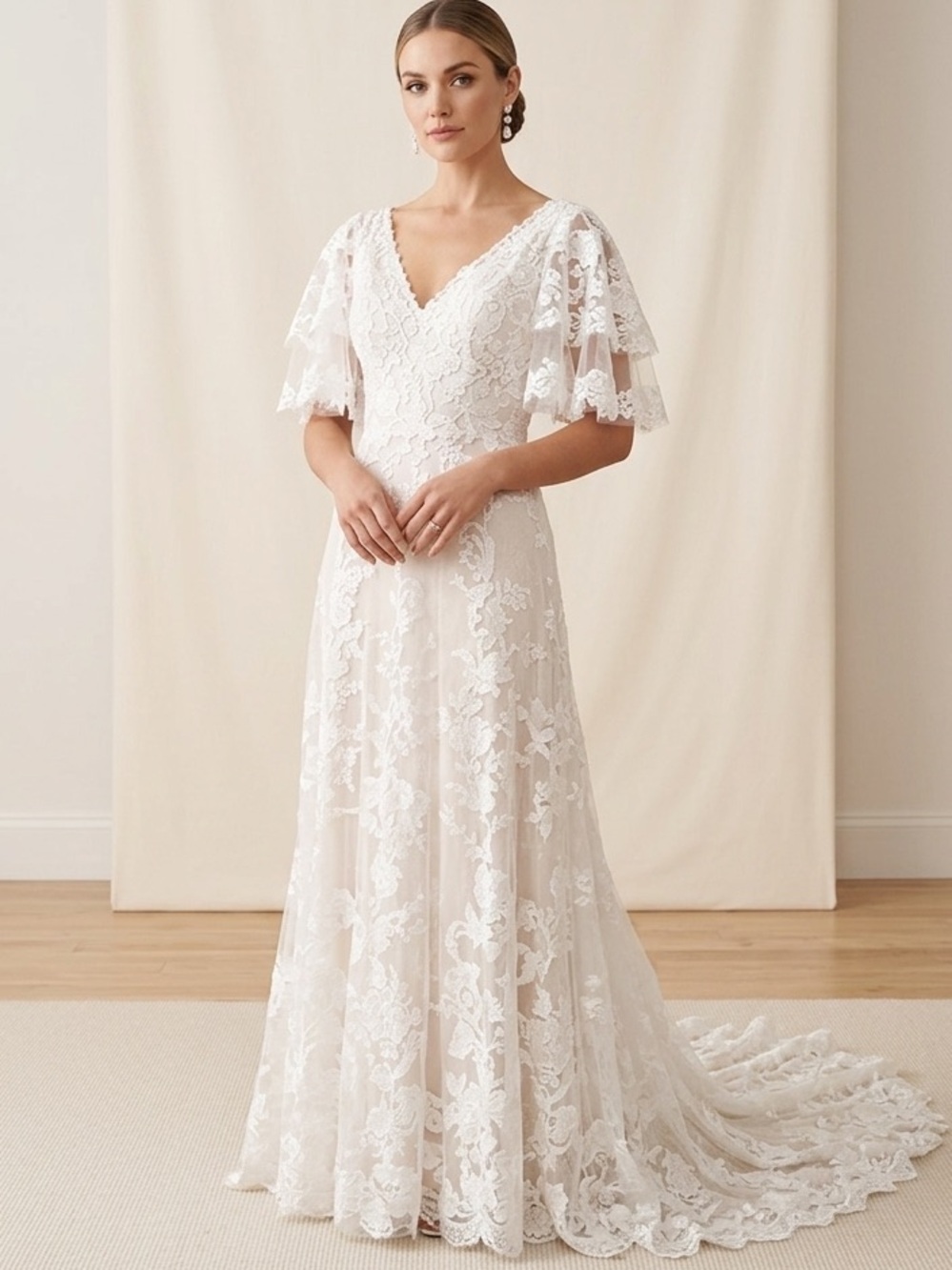 Elegant Ivory with Champaign Lining Lace Dress